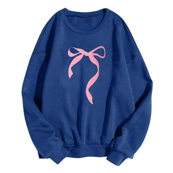 Moxiu Women Bow Graphic Sweatshirts Oversized Pullover Sweatshirt Cute Crewneck Shirts Tops 2025 Spring Fashion Teen Girl Aesthetic Clothes Blue,XXL