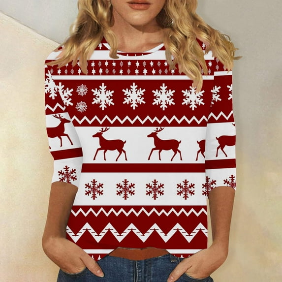 Moxiu Women Christmas Shirts 3/4 Length Sleeve Womens Xmas Tops Crewneck Snowflake Reindeer Christmas Tree Print T-Shirt Tunic Top Red,M
