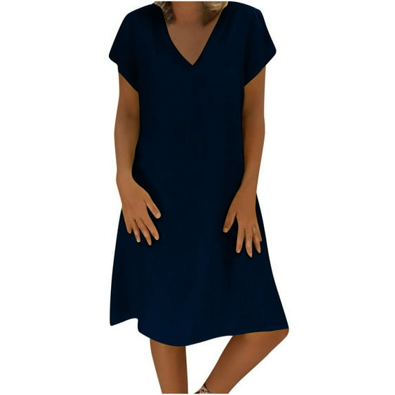 Moxiu Women Cotton Linen Midi Dress Summer Solid Color Short Sleeve V-Neck Loose T-Shirt Dresses Plus Size Flowy Beach Dress 2025 Navy,L