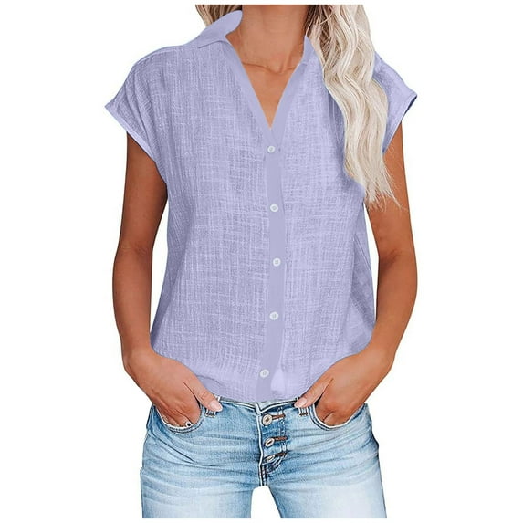 Moxiu Women Cotton Linen Shirts 2025 V Neck Button Down Blouse Dressy Casual Cap Sleeve Tops Plus Size Summer Work Vacation Clothes Purple,L