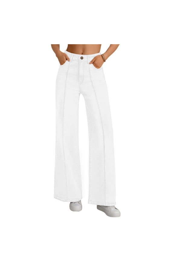Women Denim Pants Wide Leg Baggy Cute Teen Jeans Pants Junior Mid Rise High Waisted Relaxed Fit Jean Pant with Pockets White,S