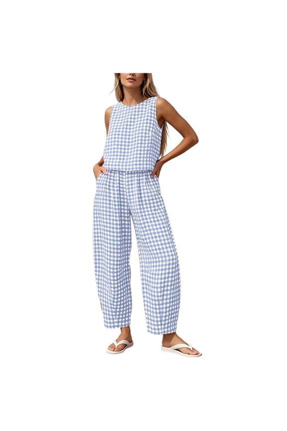 Women Gingham Sets Summer Plaid Crop Tank Top Elastic Waist Pants Two Piece Matching Travel Vacation Beach Lounge Set 2026 Light Blue,M