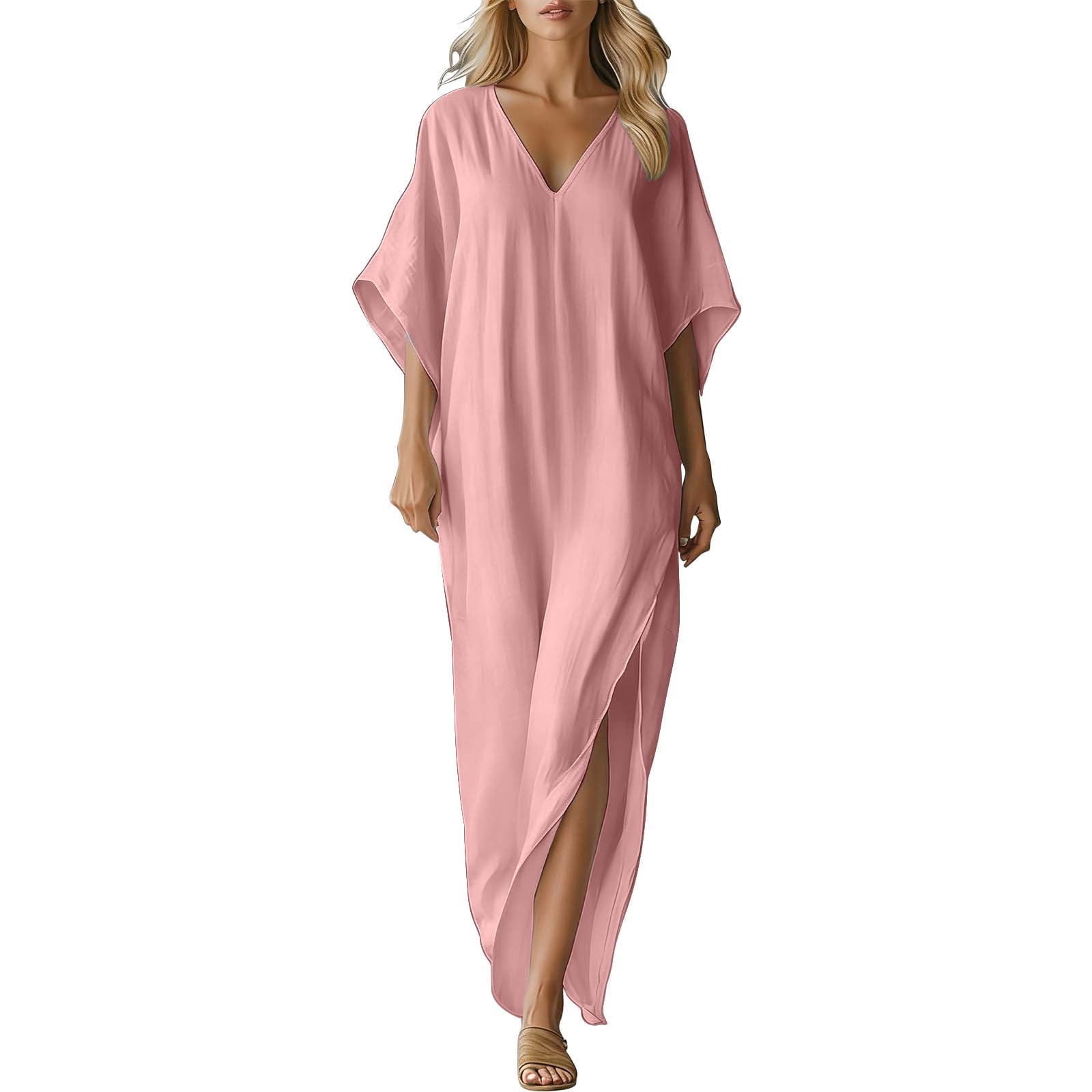 pink kaftan beach dress Moxiu Women Linen Kaftan Beach Wrap Dress Loose Summer Casual Vacation Cover Up Side Slit Flowy Batwing Sleeve Maxi Long Dress Pink,L, Women's, Size: