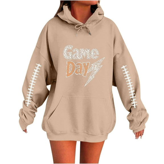 Moxiu Women Oversized Hoodies Fleece Rugby Graphic Hoodie Y2K Pullover Sweater Game Day Hooded Sweatshirts with Pockets 2025 Khaki,XL