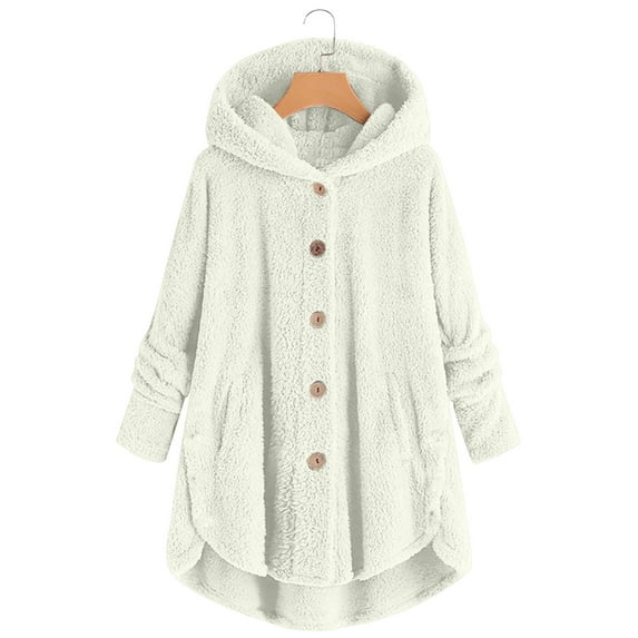 Moxiu Women Plush Fleece Jacket Fuzzy Sherpa Button Cute Cat Ears Hoodie Winter Irregular U Hem Long Sleeve Cardigan Coat 2024 White,XXL