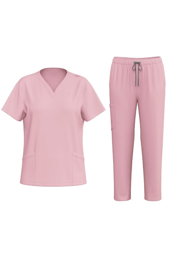 Women Quick Dry Nurse Uniforms Sets V-Neck Top Elastic Drawstring Straight Leg Pants Medical Uniforms Set with Pockets Pink,L