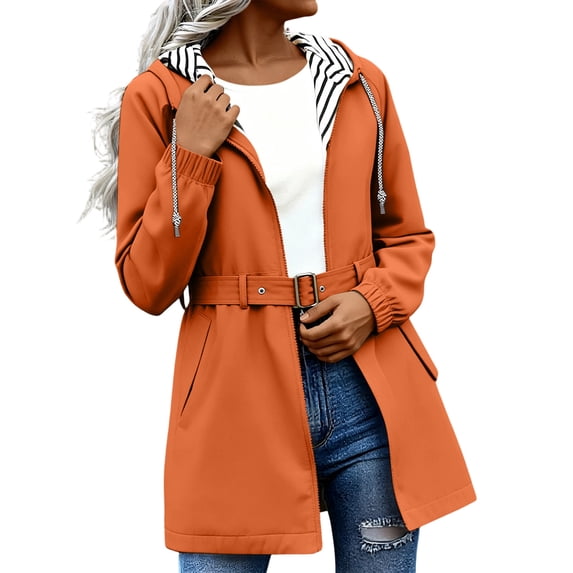 Moxiu Women Rain Coat Light Weight Waterproof Rain Jackets with Hood Outdoor Striped Lined Travel Jacket Windbreaker Orange,S