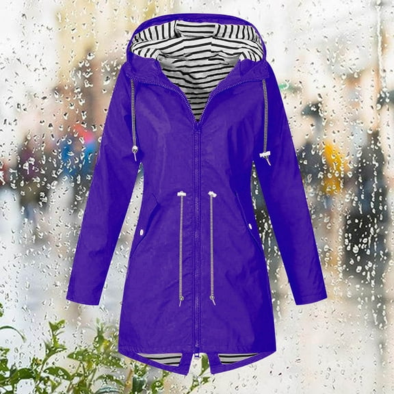 Moxiu Women Rain Jacket Long,Rain Jacket Womens Waterproof with Hood Long Trench Coats Striped Lined Lightweight Outdoor Windbreaker Raincoat Purple,S
