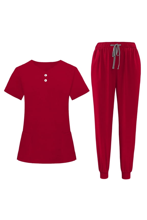 Women Scrubs Set Short Sleeve V-Neck Top with Pockets Elastic Waist Cuffed Pants Sets Soft Stretch Medical Uniform Red,M