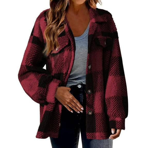 Moxiu Women Sherpa Fleece Lined Shacket Flannel Plaid Jacket Plus Size Collared Button Down Cardigan Fuzzy Soft Winter Coat with Pockets 2025 Red,XXXXXL