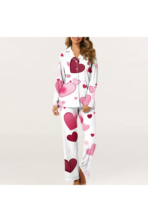 Women Valentine's Day Pajamas Set Long Sleeve Love Heart Printed Satin PJ Sets Button-Down Pajama Sleepwear Loungewear 2025 Multicolor,S