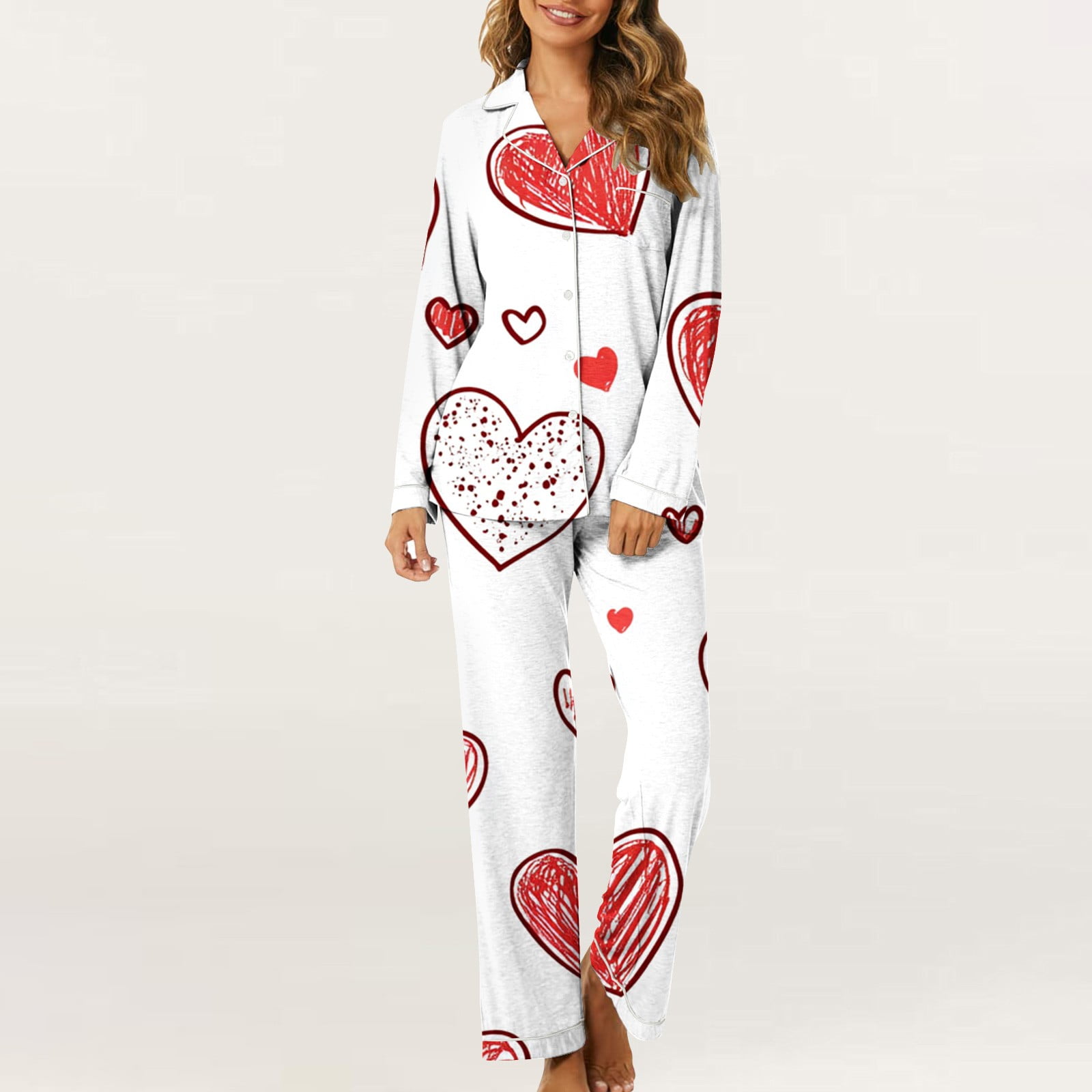 Moxiu Women Valentine's Day Pajamas Set Long Sleeve Love Heart Printed
