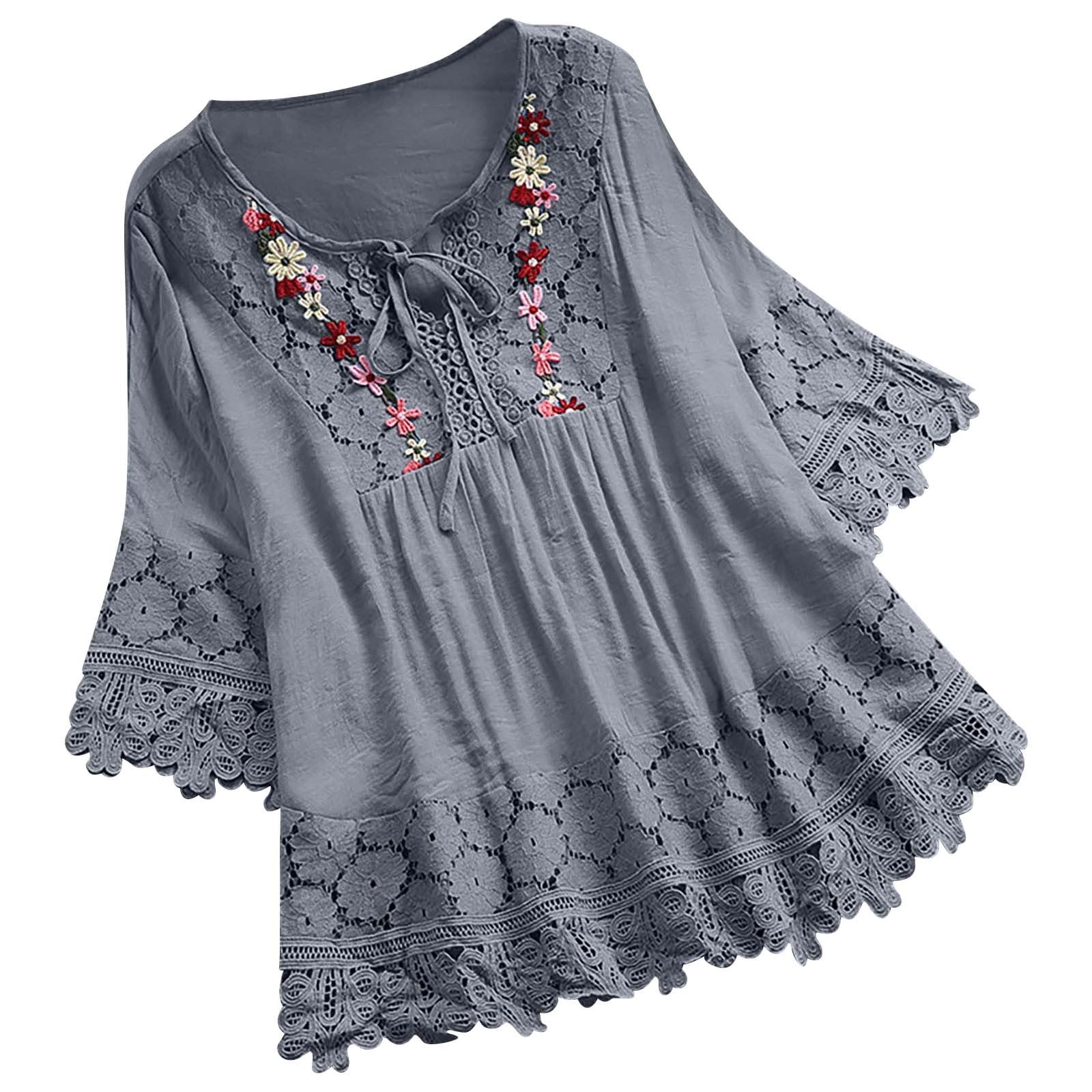 Women's Floral Embroidered Linen Tunic - 3/4 Sleeve, Boho Peasant Blouse, Plus Size Available - View #2