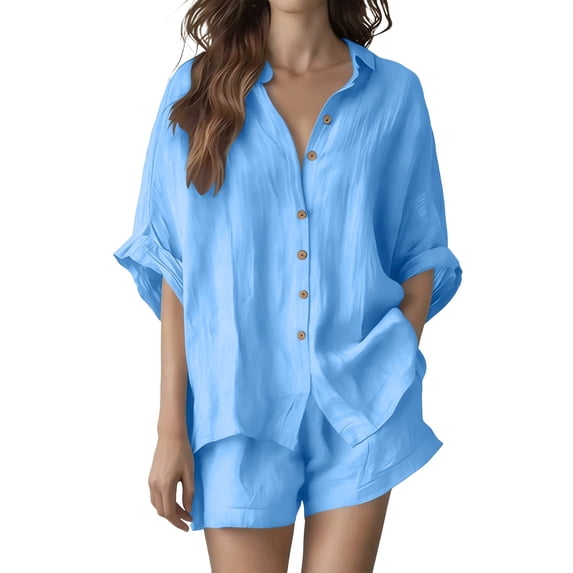 Moxiu Women's 2 Piece Linen Sets Summer Short Sleeve Button Down Shirt and Shorts Gauze Set Vacation Beach Travel Outfits Blue,XXL