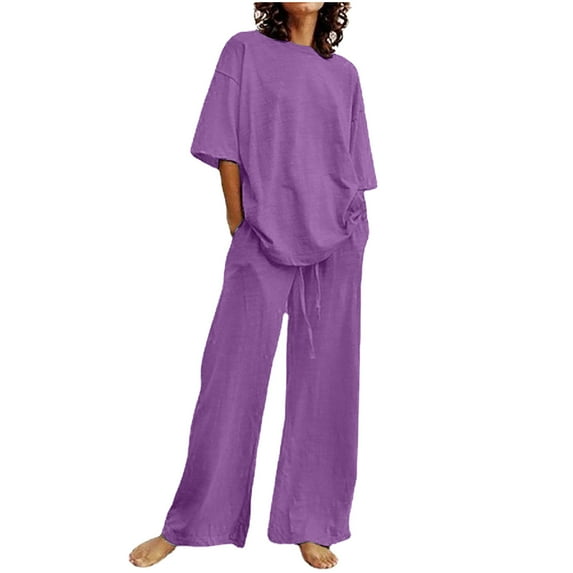 Moxiu Women's 2 Piece Outfits Cotton Linen Set Plus Size Summer Oversized Short Sleeve Crew Neck Tops and Wide Leg Pants Lounge Sets 2025 Purple,XXXXL