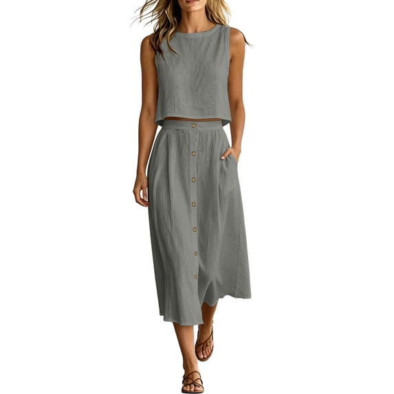 Moxiu Women's 2 Piece Skirt Sets Sleeveless Cropped Tank Tops and Button Front Skirt Elastic Waist Summer Vacation Outfits 2026 Gray,S