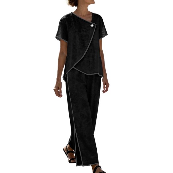 Moxiu Women's 2 Piece Summer Outfits Short Sleeve Button Wrap Tops Wide Leg Split Yoga Pants Lightweight Casual Vacation Sets Black,M