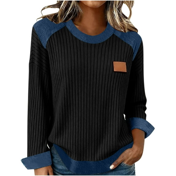 Moxiu Women's 2026 Spring Ribbed Knit Crewneck Long Sleeve Color Block Denim Patchwork Textured Pullover Sweater Tops Black,S