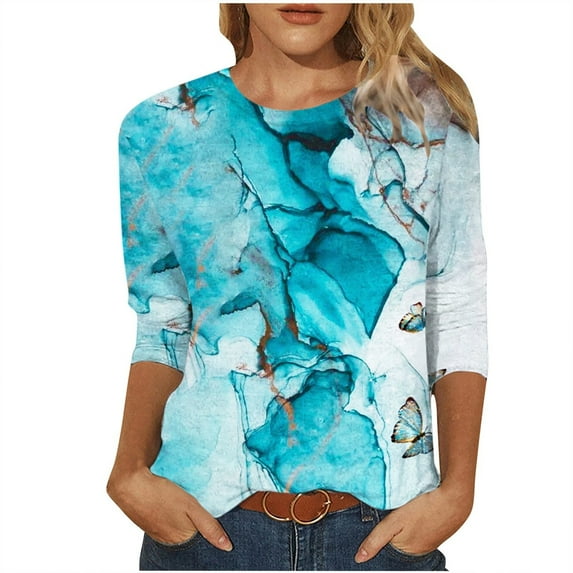 Moxiu Women's 3/4 Length Sleeve Tops 2023 Crew Neck Lightweight Work Shirt Boho Floral Print T-Shirts Loose Cute Tunic Top Blouses