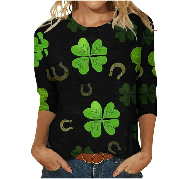 Moxiu Women's 3/4 Length Sleeve Tops 2023 Crew Neck Lightweight Work Shirt St Patricks Day Boho Floral Print T-Shirts Loose Cute Tunic Top Blouses