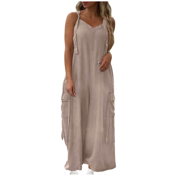Moxiu Women's Baggy Oversized Overalls Adjustable Strap Loose Wide Leg Cargo Jumpsuits Flowy Long Pants Rompers with Pockets Beige,L