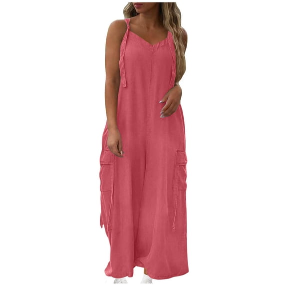 Moxiu Women's Baggy Oversized Overalls Adjustable Strap Loose Wide Leg Cargo Jumpsuits Flowy Long Pants Rompers with Pockets Pink,XXL