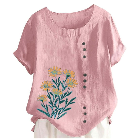 Moxiu Women's Bohemian Summer Tops Short Sleeve Spring Boho Shirts Floral Print Loose Business Casual Work Tunic Blouses Pink,XXL