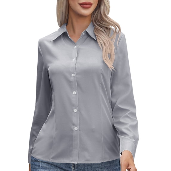 Moxiu Women's Button Down Shirts Long Sleeve Dress Shirts Wrinkle Free Collared Work Office Blouses Tops for Daily Wear Busniess Gray,L