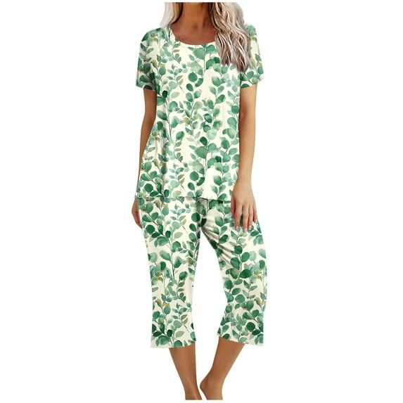 Moxiu Women's Capri Pajamas 2 Piece Pajama Sets Short Sleeve Round Neck Top with Capri Pants with Pockets Sleepwear Loungewear 2025 Multicolor,XL