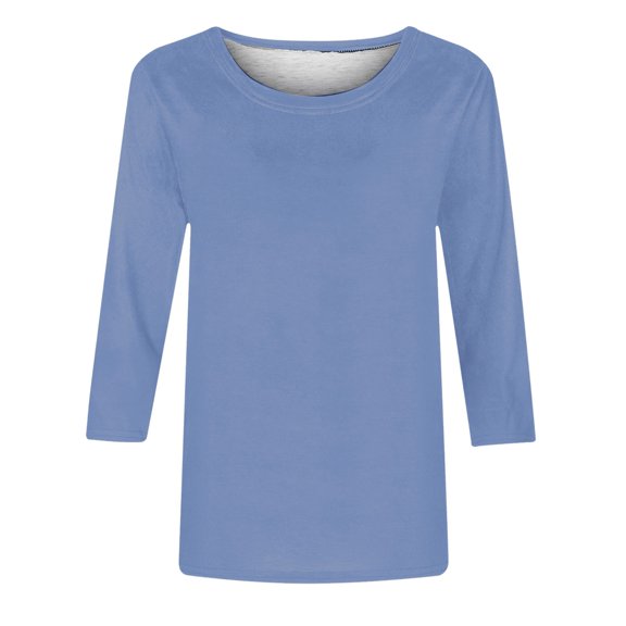 Moxiu Women's Casual 3/4 Sleeve T-Shirts Round Neck Cute Tunic Tops Basic Plain Solid Color Tees Ladies Three Quarter Length Sleeve Blouses 2025 Blue,XL