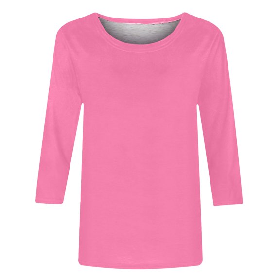 Moxiu Women's Casual 3/4 Sleeve T-Shirts Round Neck Cute Tunic Tops Basic Plain Solid Color Tees Ladies Three Quarter Length Sleeve Blouses 2025 Pink,M