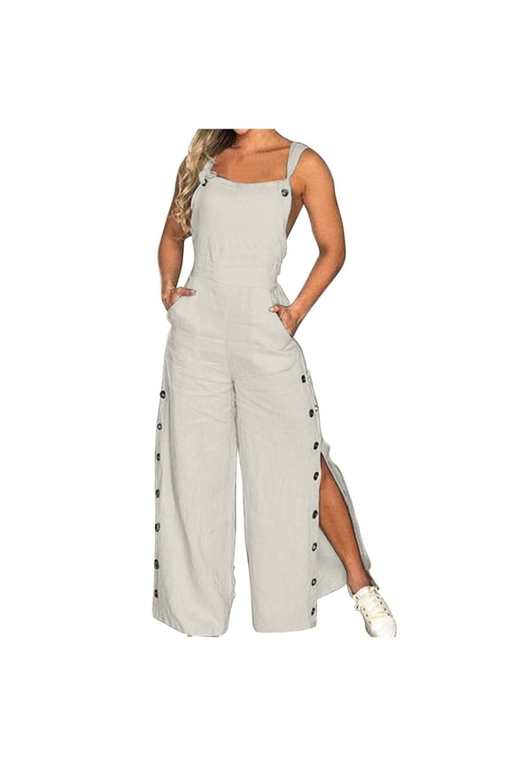 Women's Casual Summer Overalls Wide Leg Romper Solid Adjustable Strap Button Side Split Loose Jumpsuit with Pockets Beige,S