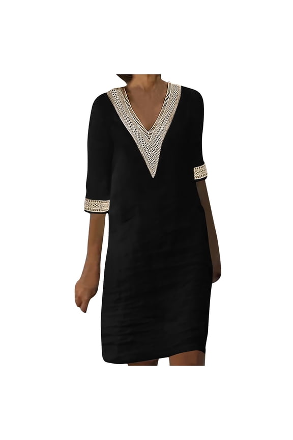 Women’s Casual V Neck Cotton Linen Dress Lace Trim Summer Half Sleeve Knee Length Midi Linen Dresses Shift Beach Dress 2025 Black,XL