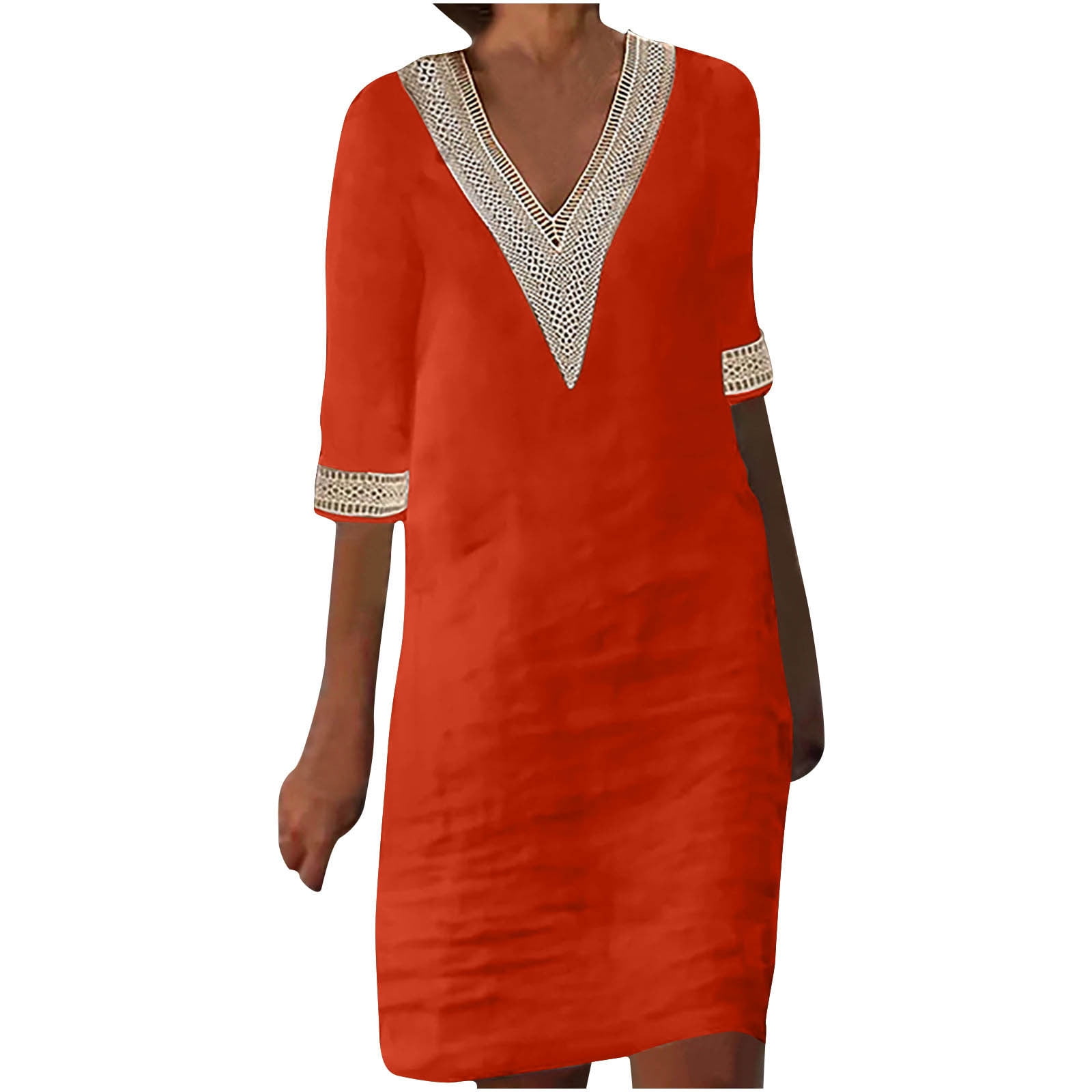 Women's Floral Embroidery Boho Dress - Short Sleeve V-Neck Cotton Linen Vintage Beach Dress - View #8