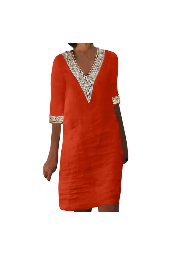 Women’s Casual V Neck Cotton Linen Dress Lace Trim Summer Half Sleeve Knee Length Midi Linen Dresses Shift Beach Dress 2025 Orange,XL