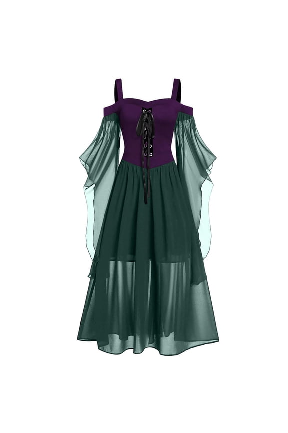 Women's Gothic Renaissance Dress Plus Size Lace Up Cold Shoulder Steampunk Camisole Butterfly Sleeve Halloween Dresses