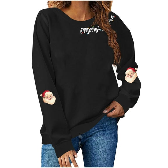 Moxiu Women's Christmas Fleece Long Sleeve Sweatshirt Holiday Merry Christmas Crewneck Pullover Top Black,M