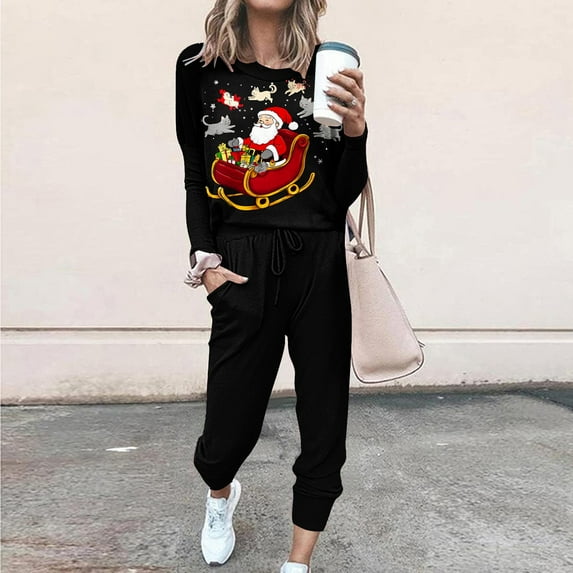 Moxiu Women's Christmas Lounge Set,Lounge Sets for Women Sweatsuits Sets Two Piece Outfit Christmas Print Long Sleeve Tops and Jogger Pant Workout Athletic Tracksuits 2024 Multicolor,M