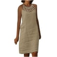 thumbnail image 1 of Moxiu Women's Cotton Linen Dresses Summer Hollow Out Crew Neck Sleeveless Comfy Travel Sundresses Beach Wear Vacation Clothes 2025 Khaki,M, 1 of 5