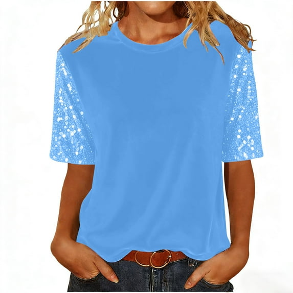 Moxiu Women's Crew Neck Sequin Velvet Tops Sparkly Half Sleeve Dressy Evening Party Tunic Blouses Casual T-Shirts Blue,M