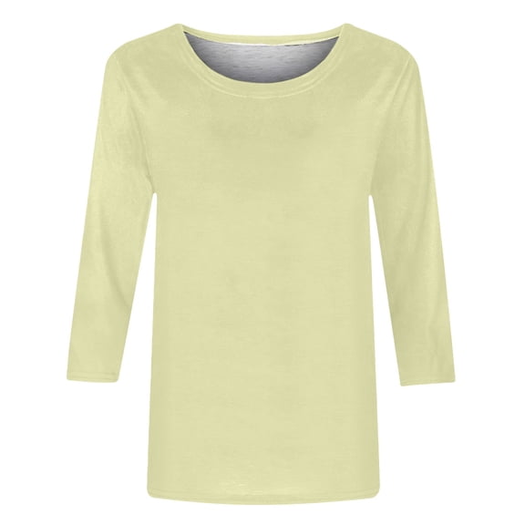 Moxiu Women's Dressy Tops 3/4 Sleeve Fitted Shirts for Women Elbow Round Neck Solid Color Blouses Spring Basic Loose Fit T Shirts Tunic Top 2025 Beige,M
