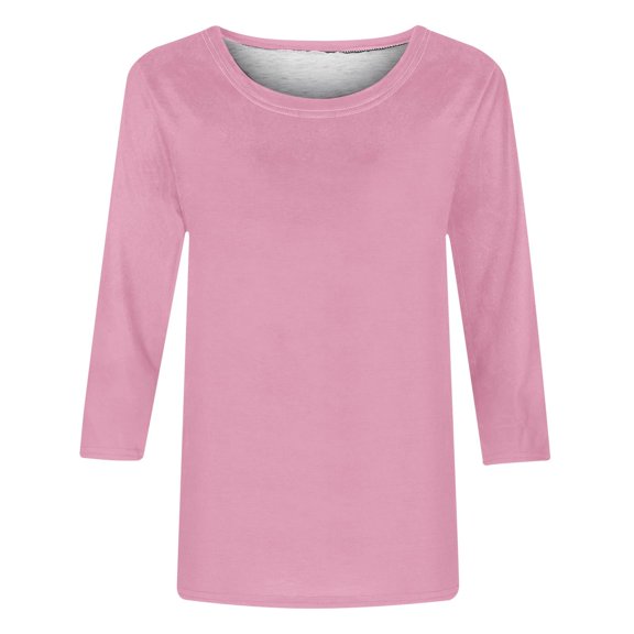 Moxiu Women's Dressy Tops 3/4 Sleeve Fitted Shirts for Women Elbow Round Neck Solid Color Blouses Spring Basic Loose Fit T Shirts Tunic Top 2025 Pink,XXL