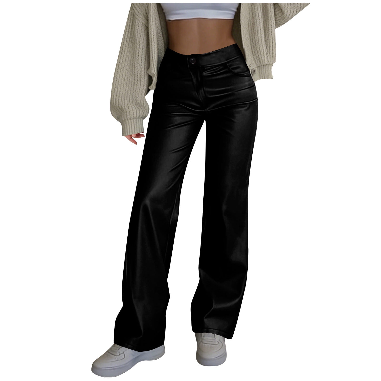 Moxiu Women's Faux Leather Straight Leg Trousers Button Elastic High Waisted Loose Casual Pants for Party Club Date Night Black,S