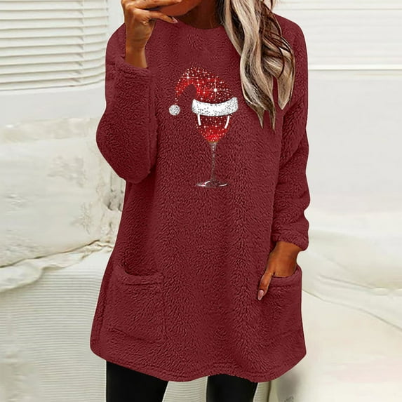 Moxiu Women's Fleece Lined Sweatshirts 2024 Sherpa Pullover Oversized Red Wine Glass Fuzzy Fleece Sweatshirts with Pockets Winter Soft LoungwearRed,M