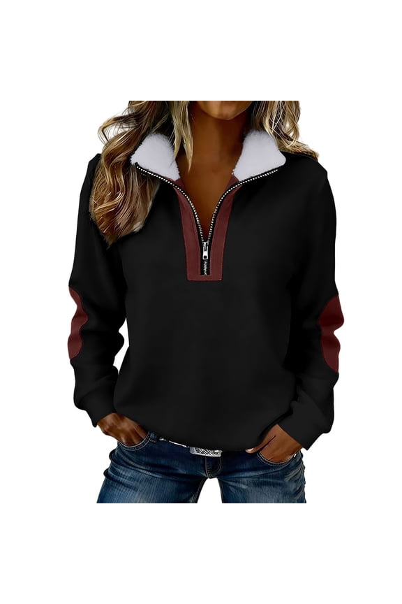 Women's Half Zip Sherpa Collared Color Block Elbow Patch Long Sleeve Fall Winter Basic Pullover Tops Black,S