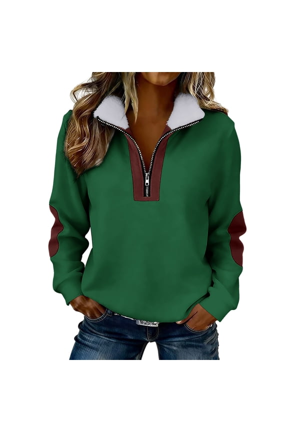 Women's Half Zip Sherpa Collared Color Block Elbow Patch Long Sleeve Fall Winter Basic Pullover Tops Green,S