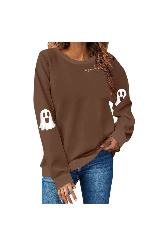 Women's Halloween Graphic Sweatshirt Spooky Season Cute Ghost Crewneck Long Sleeve Pullover Top Brown,L