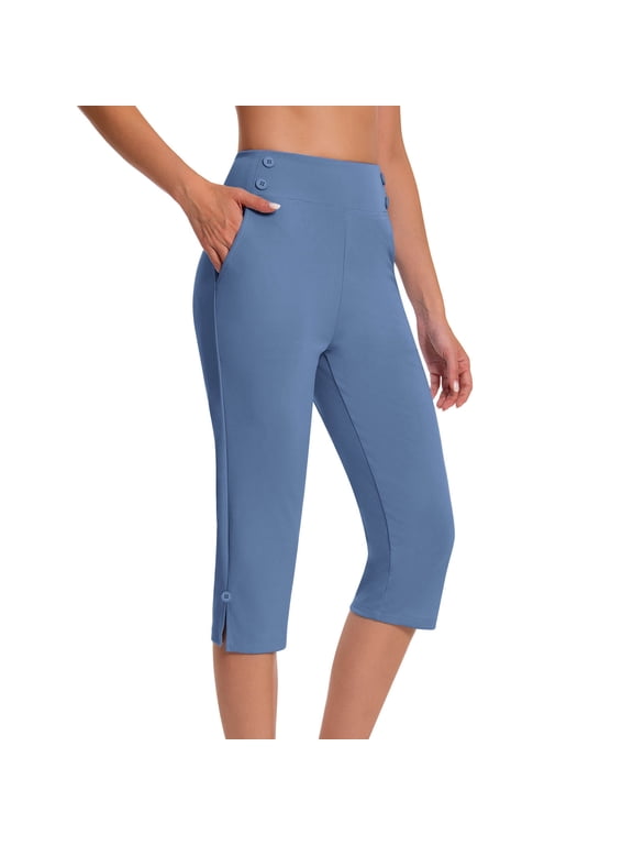 Women's High Waisted Tummy Control Capri Pants Stretch Business Casual Crop Pants with Pockets for Work Office Yoga Blue,S