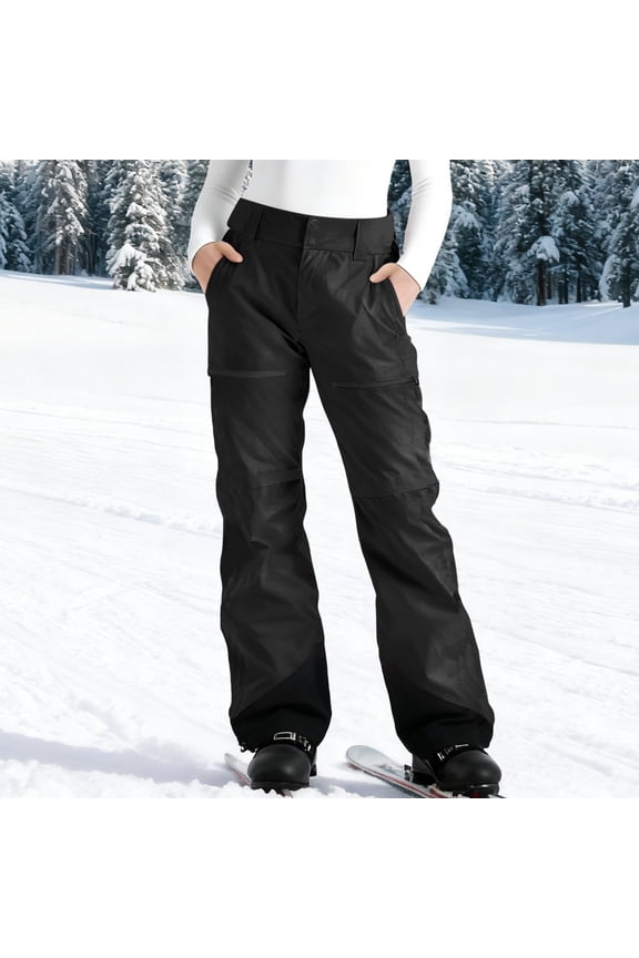 Women's Insulated Ski Snow Pants Fleece Lined Waterproof Colorblock Softshell Snowboard Hiking Pants with Pockets Black,S