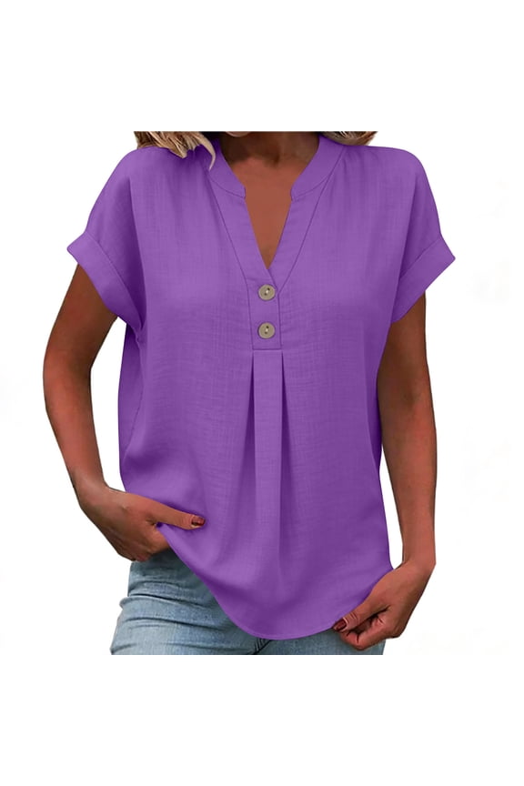 Women's Linen Blouses Summer Short Sleeve Vacation Shirts Boho Henley V Neck Henley Top Twist Front Tunic Blouse Purple,L